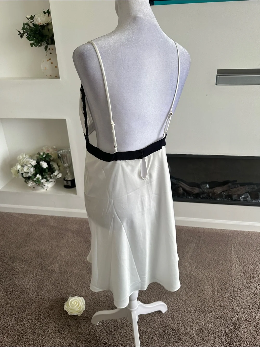 kate spade White Satin Slip with Black Lace Trim